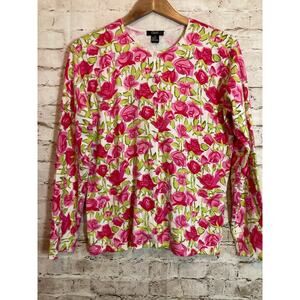 Obee Silk Sweater Womens Medium Pink Rose Print Button Up Cardigan Lightweight